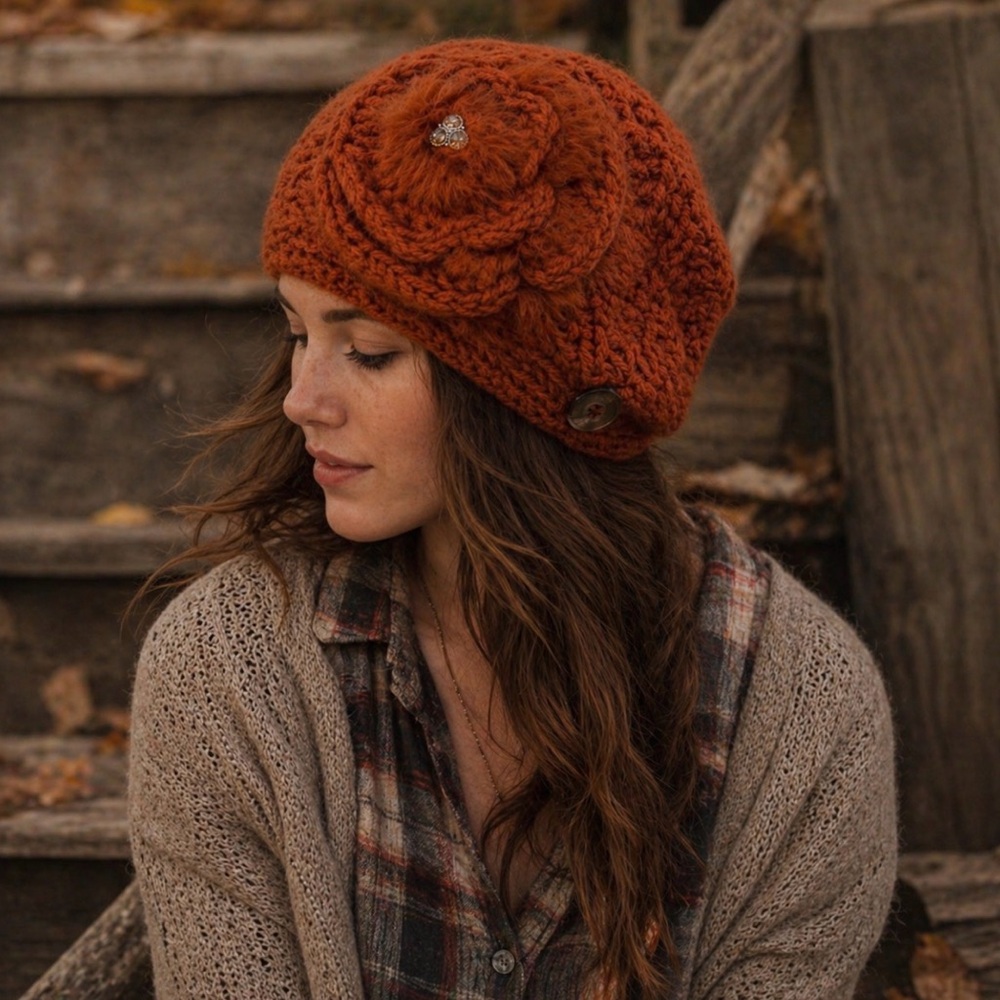 Hand Knit Headband Neck Warmer Fur Flower Rhinestones Adjustable Orange NWT